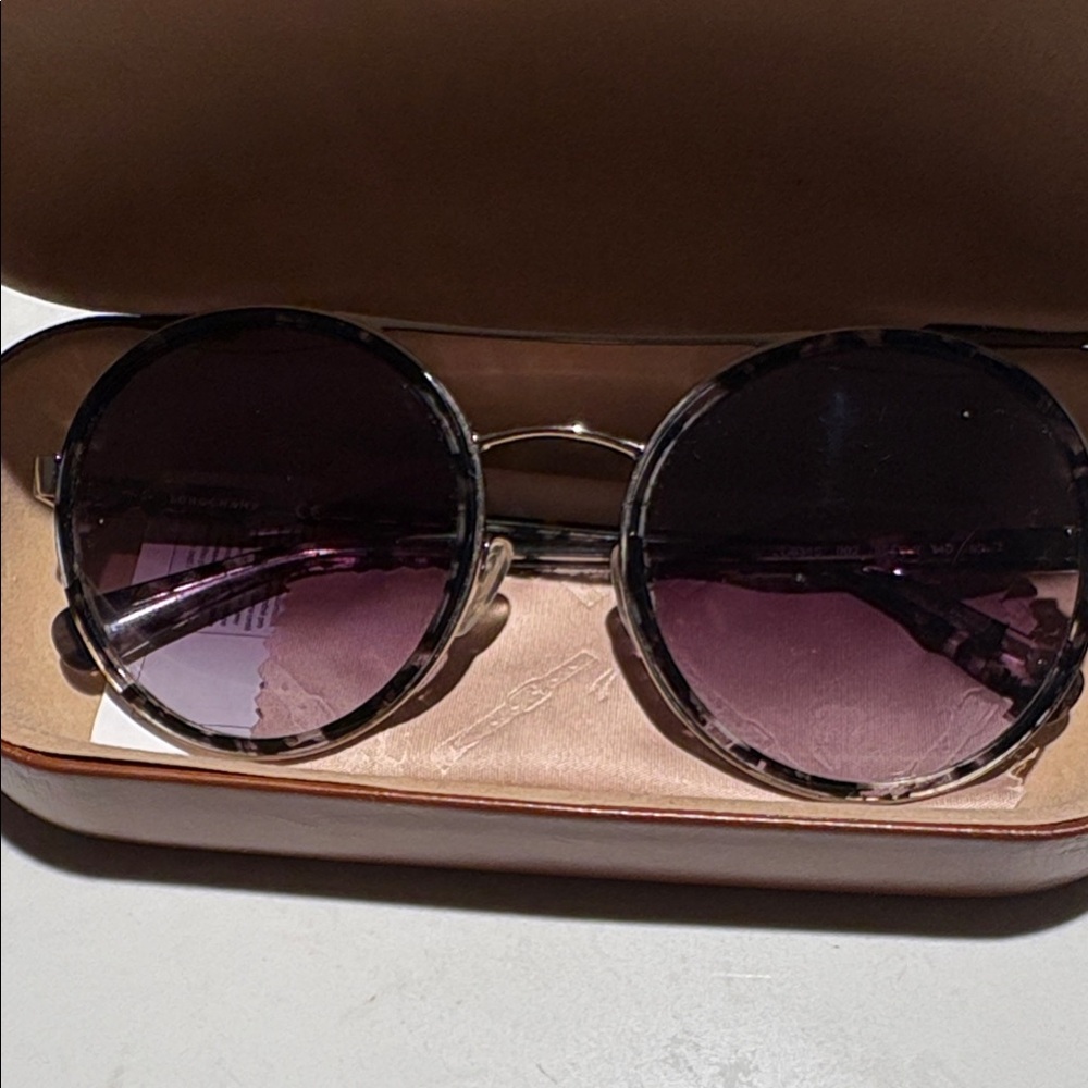 Longchamp Round Tortoiseshell Frame Sunglasses with Purple Gradient Lenses